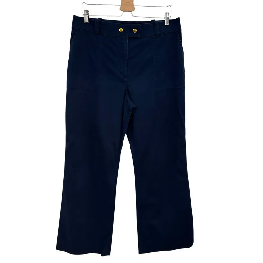Tory Burch Maddie‎ Cropped Flare Trouser Pants Gold Button Navy Blue Size US 12